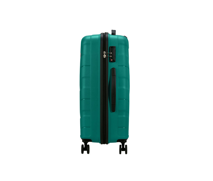 Nahaufnahme eines mittelgroßen American Tourister Jetdriver 3.0 Koffers in Sportlich-Blaugrün.