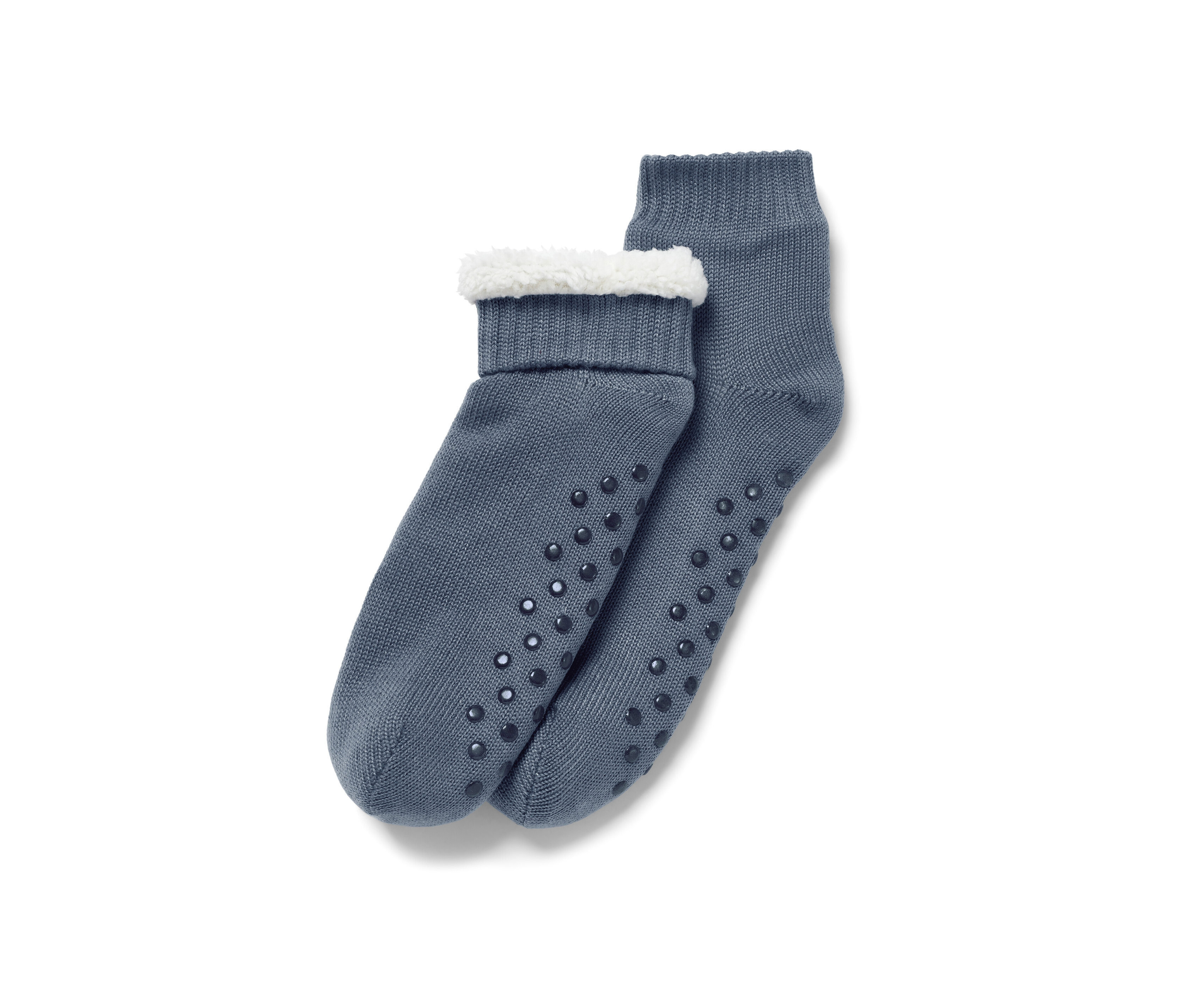 Zwei graublaue Hausschuh-Socken mit rutschfester Sohle.