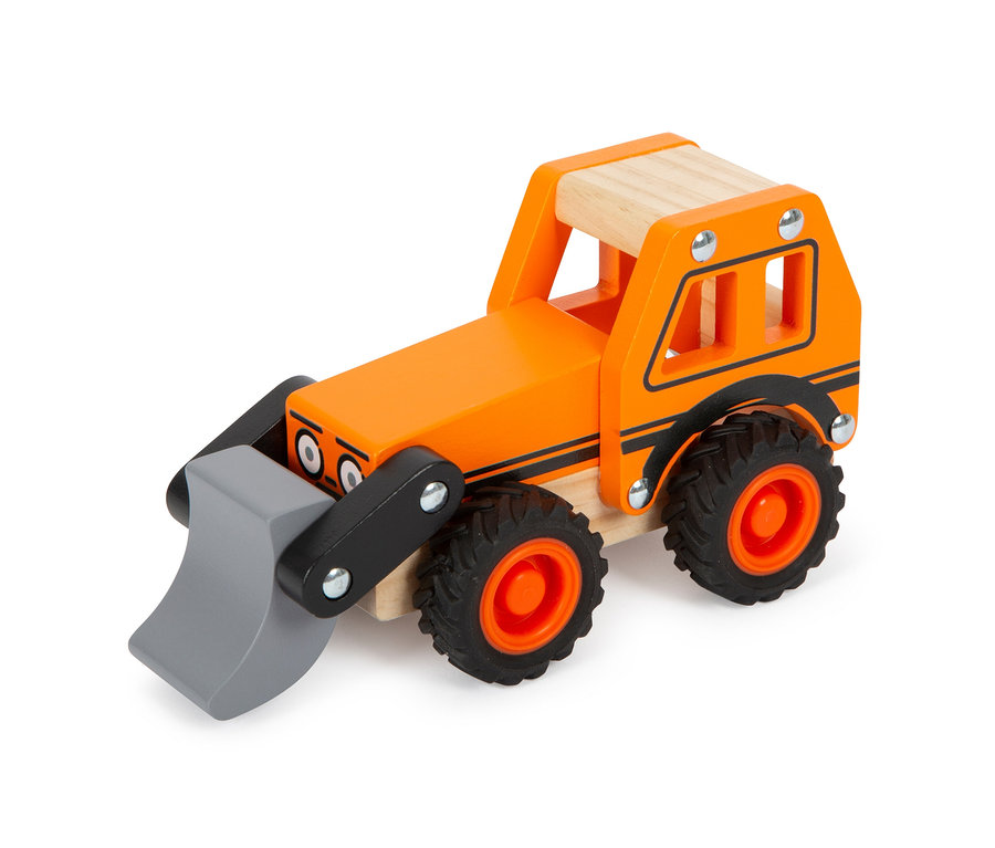 Oranger Holzlader aus dem small foot Fahrzeuge-Set auf weißem Hintergrund.