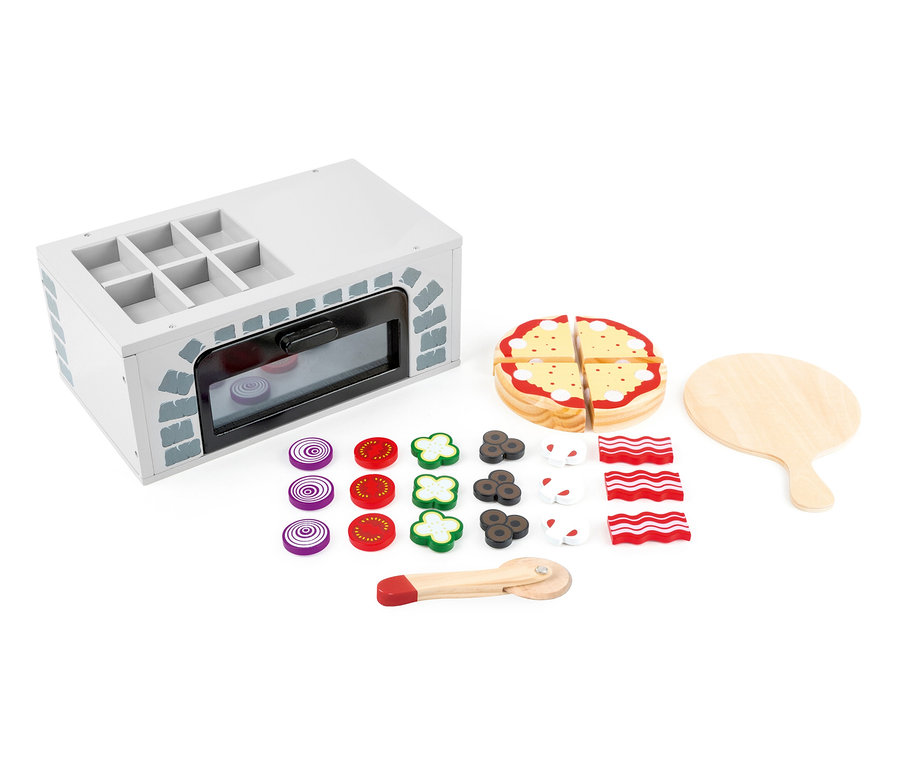 Spielzeug-Pizzaofen Kinderküche mit Pizza, Schneider und Zutaten.