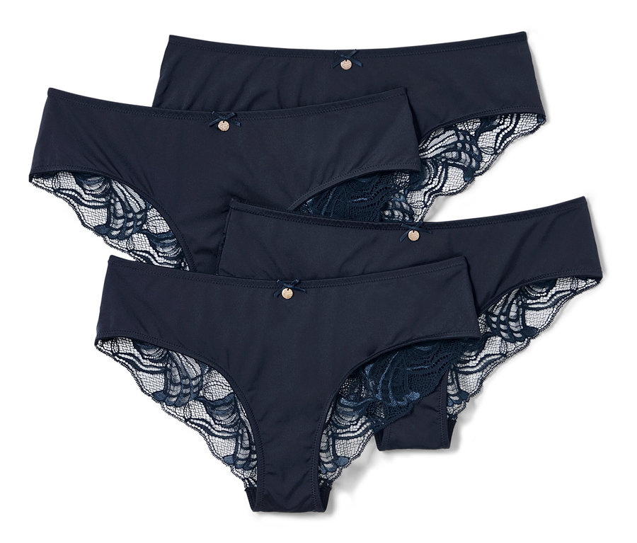 Vier dunkelblaue Brazilslips mit Spitze.