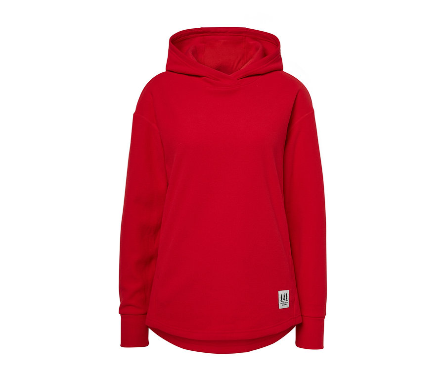 Roter Outdoor-Pullover mit Kapuze.