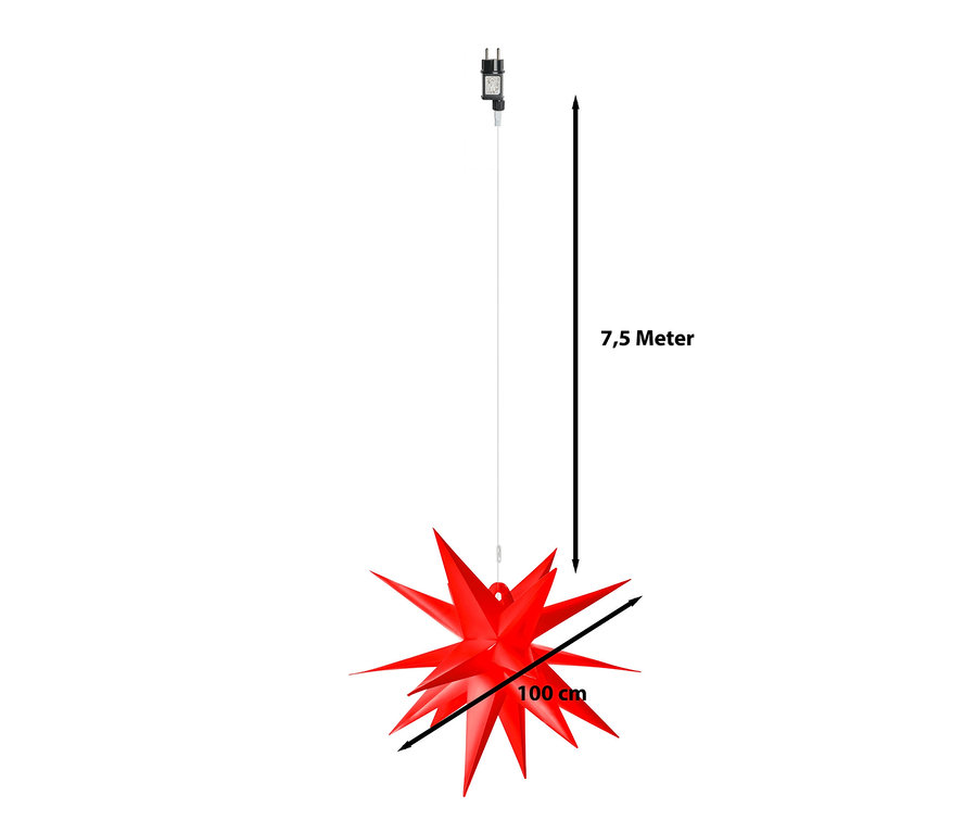 Ein roter AMARE XXL-LED-Stern mit 100 cm Durchmesser hängt an einem weißen Kabel.