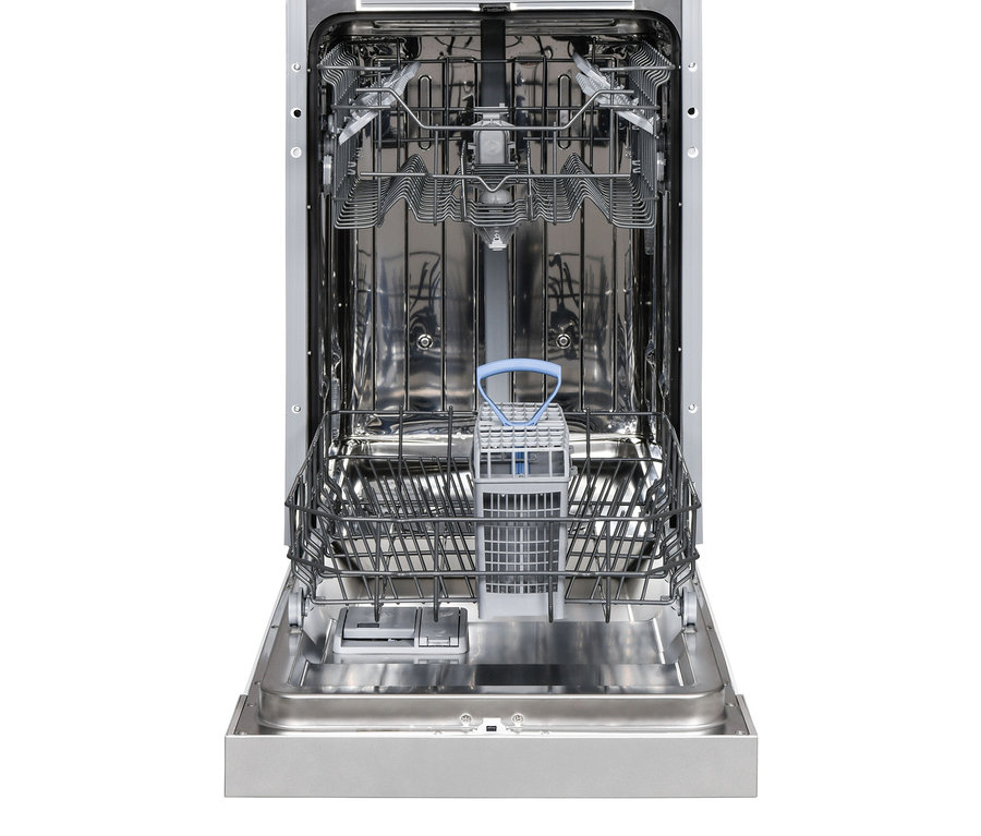 Innenraum des geöffneten Respekta teilintegrierten Geschirrspülers »GSP45TiDV« mit Ober- und Unterkorb sowie Besteckkorb.