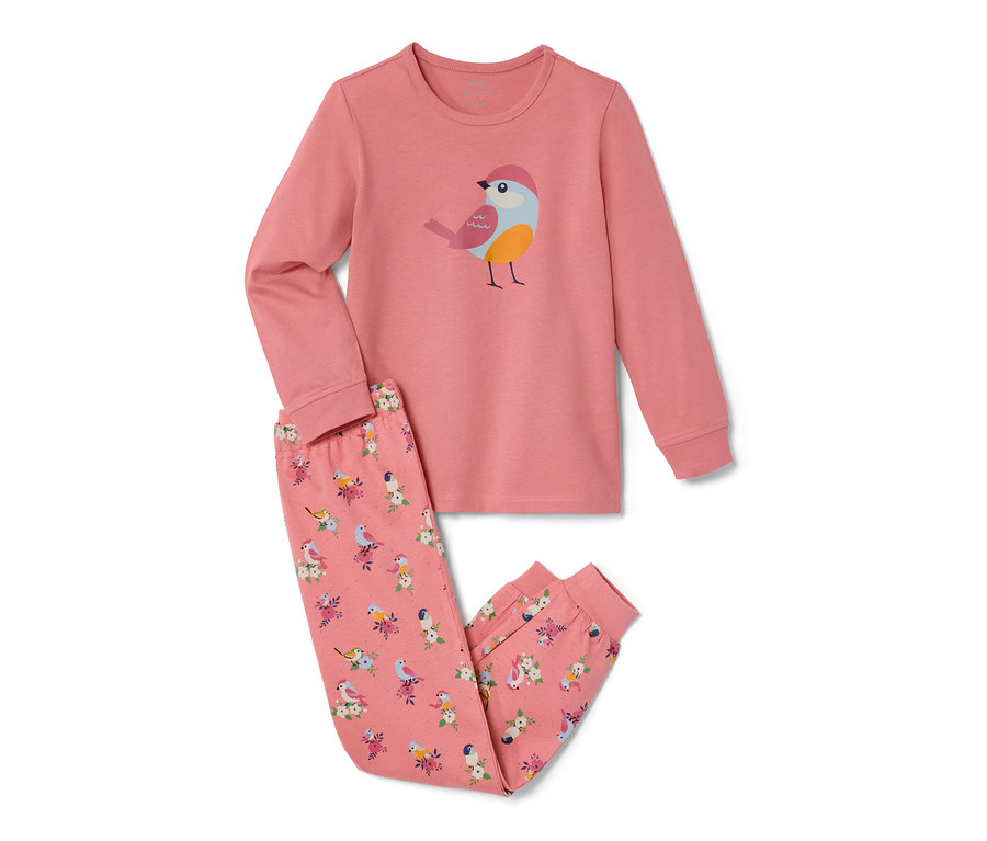 Rosa 2 Kleinkind-Pyjamas mit Vogel- und Blumenmuster.