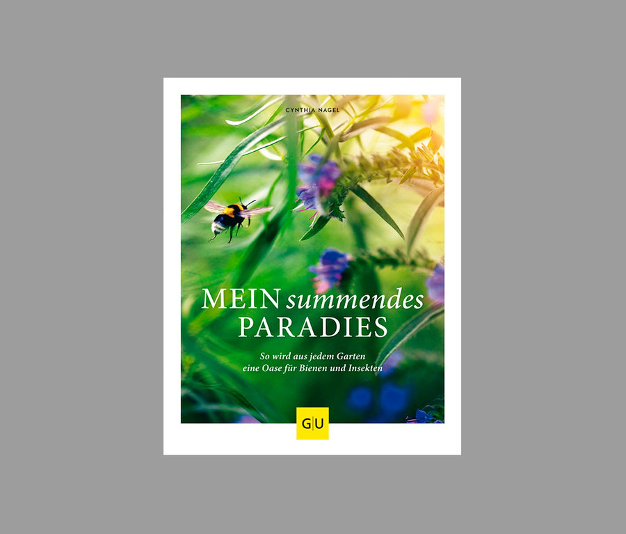 Nahaufnahme des Buchcovers "Mein summendes Paradies" mit einer fliegenden Hummel und violetten Blumen.