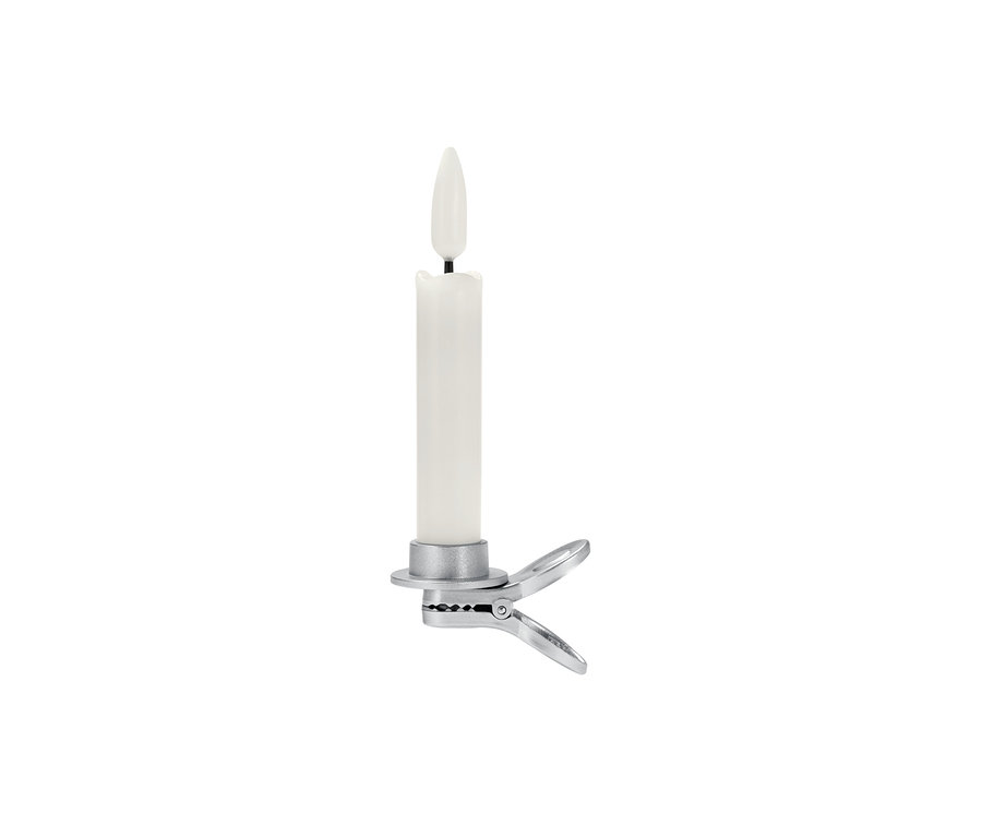 Eine cremefarbene LED-Weihnachtsbaumkerze mit Clip.