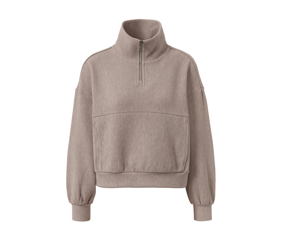 Beiger Sweatpullover mit kurzem Reissverschluss und Rippstruktur.