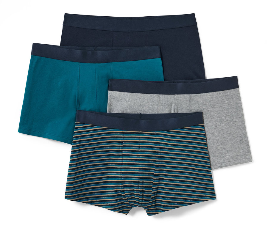 Vier Slipboxer: ein marineblauer, ein türkiser, ein grauer und ein blau-braun gestreifter.