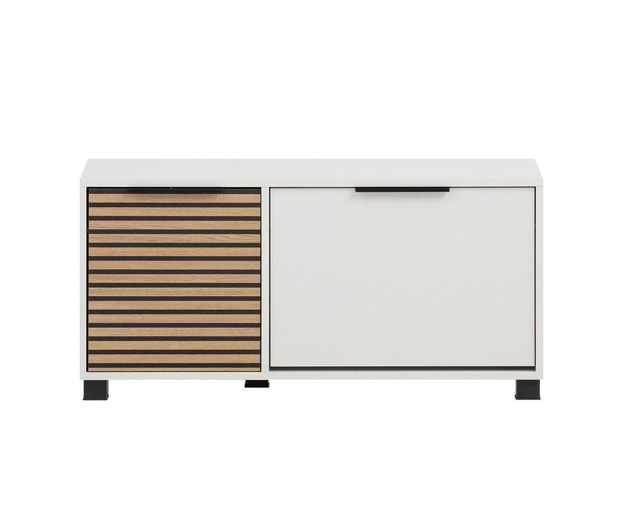 Weiße Schuhbank »Loft« mit Lamellentür aus Naturholz und schwarzen Details.