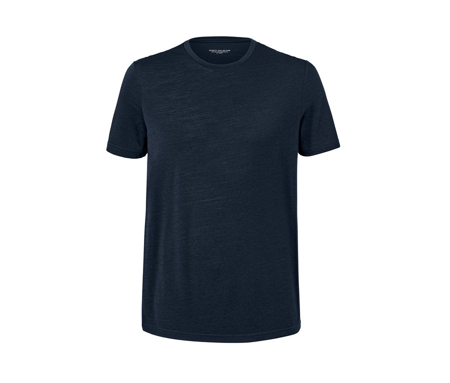 Ein marineblaues Funktionsshirt mit kurzen Ärmeln. Produkt: 2 Funktionsshirts mit Merinowolle.