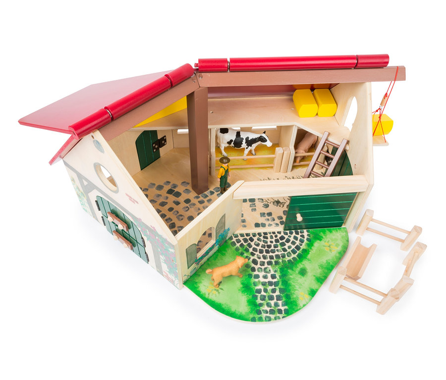 Draufsicht auf den Bauernhof »Woodfriends« von Small Foot mit Tieren und Bauer.