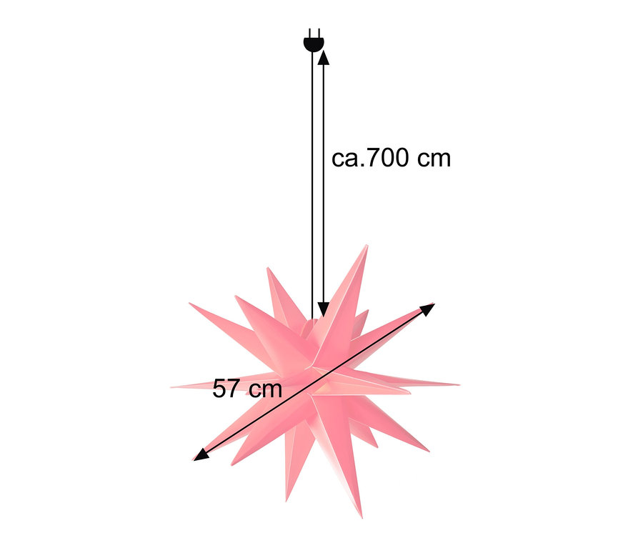 Roter AMARE LED-3D-Außenstern hängt an einem Kabel. Die Maße sind mit Pfeilen gekennzeichnet: 57 cm und 700 cm.