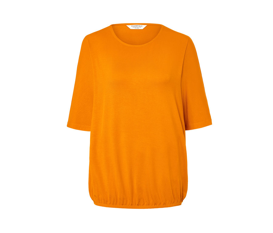 Orangefarbenes Blusenshirt mit kurzen Ärmeln.