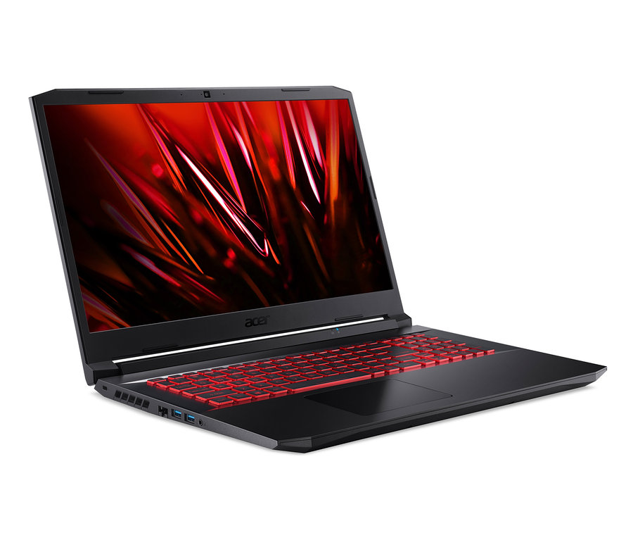 Schwarzes Acer Nitro 5 AN517-54-57CF Gaming-Notebook mit roter Tastatur und Bildschirm mit abstraktem rotem Motiv.