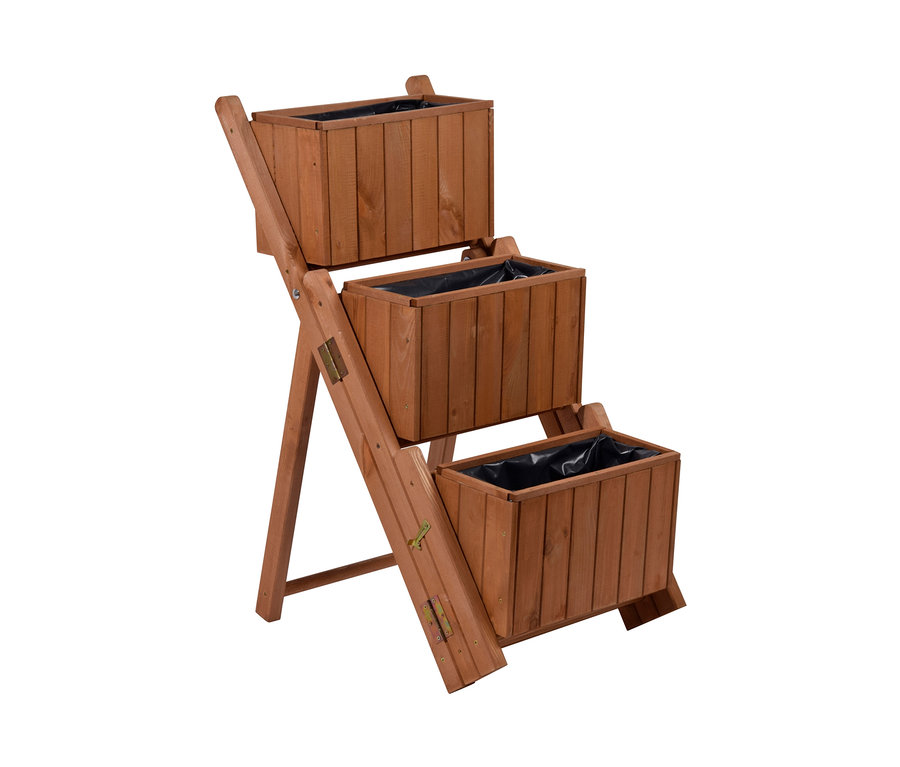 Braune Pflanztreppe mit 3 Pflanzkästen.