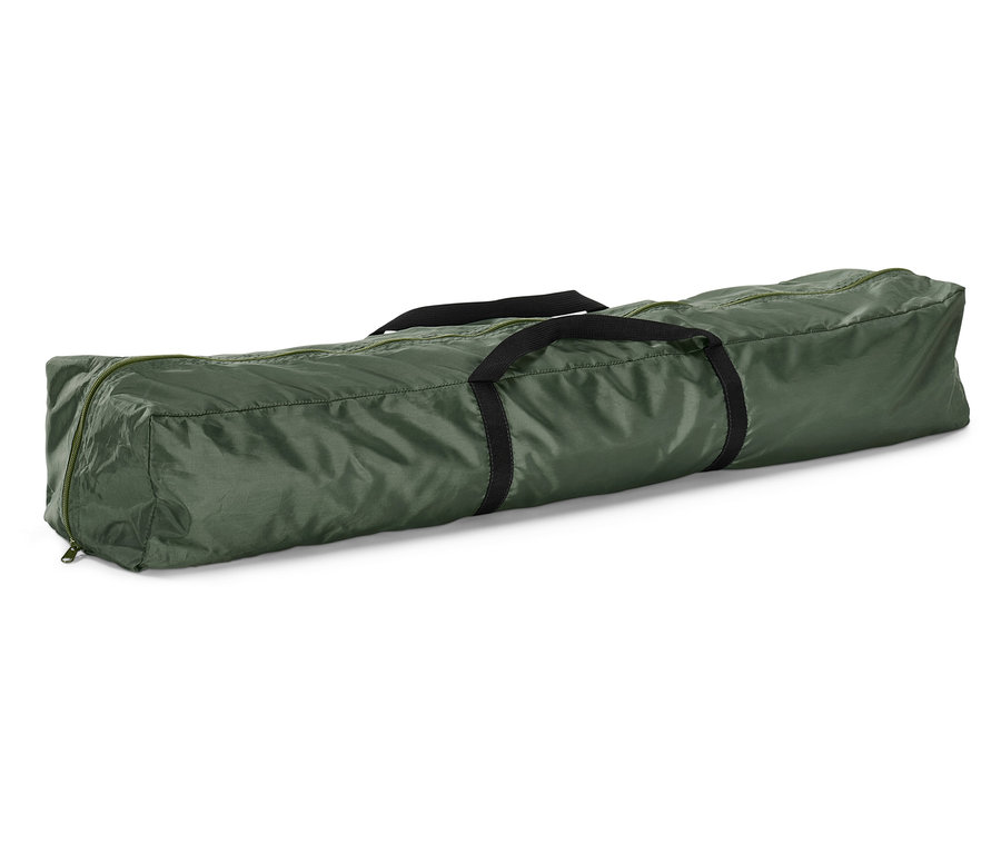 Ein grünes Anlehn-Pflanzenschutz-Zelt mit Reissverschluss und schwarzen Gurten.