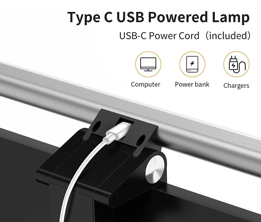 Detail einer schwarzen 2-in-1-LightBar-Pro-Monitorlampe mit Full-HD-Webcam, die mit einem USB-C-Kabel an einem Monitor befestigt ist.