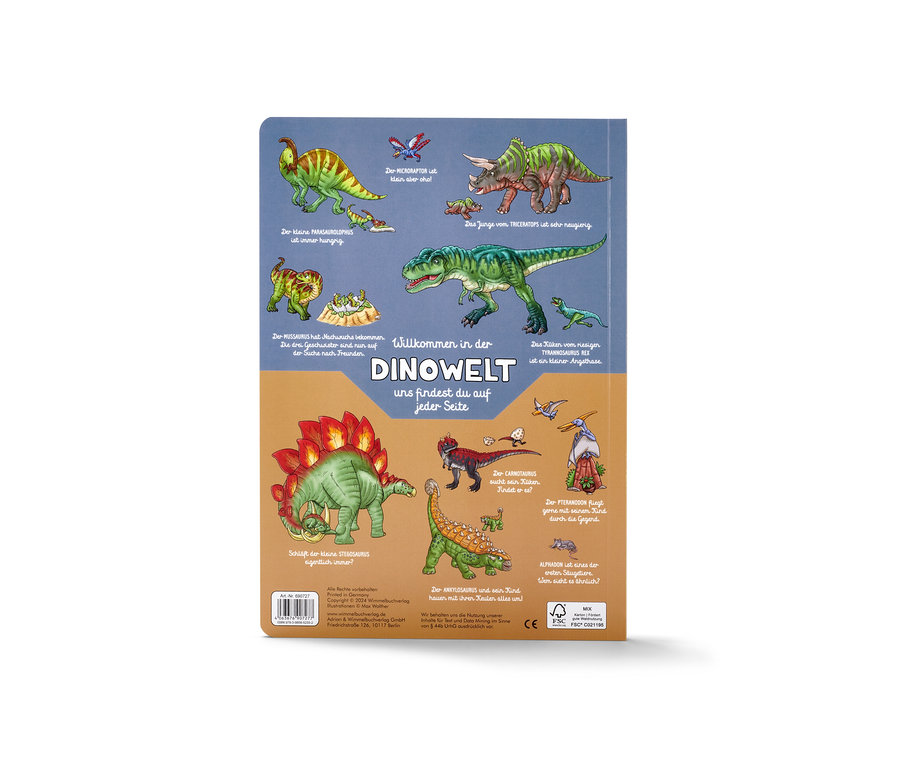 Rückseite des Buches »Dinosaurier Wimmelbuch« mit Illustrationen verschiedener Dinosaurier und Beschriftungen auf Deutsch.