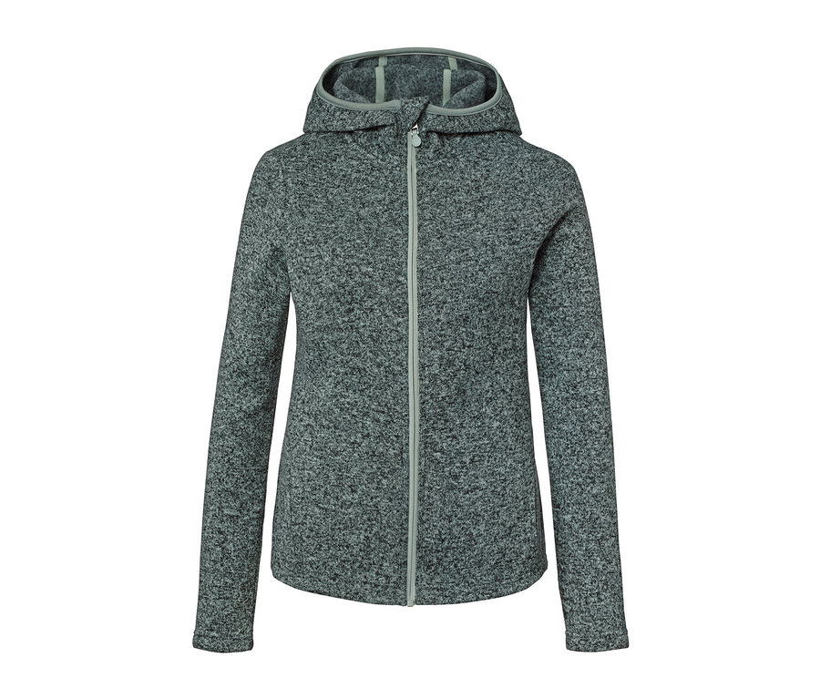 Grüne Strickfleece-Jacke mit Reißverschluss und Kapuze.