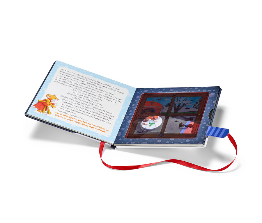 Geöffnetes Buch »Leo Lausemaus – mein Taschenlampenbuch« mit Illustrationen und Text.