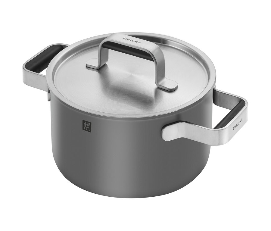 Grauer ZWILLING PURE Edelstahl-Kochtopf mit Deckel.