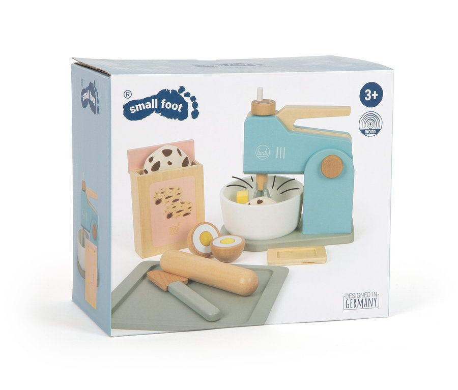 Verpackung des small foot Mixer-Set »tasty« Spielzeugs mit Mixer, Schüssel, Eiern, Teigrolle und Backblech.