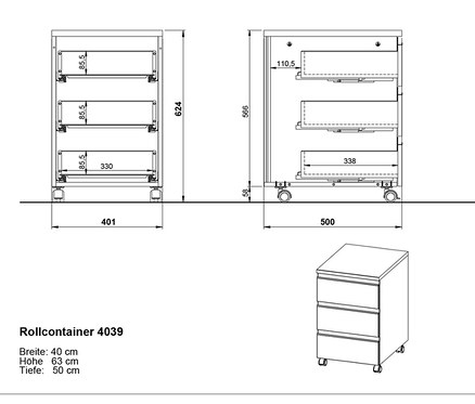 Abbildung der Abmessungen von Rollcontainer »Bedano« in Graphit und Kaschmir.