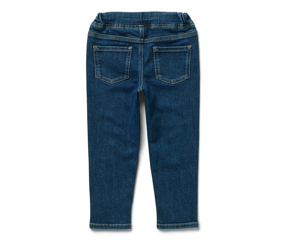 Detailansicht der Rückseite einer Kinder-Pull-on-Pants – Fit »Luca«, blaue Jeanshose mit Gummibund und zwei Gesäßtaschen.