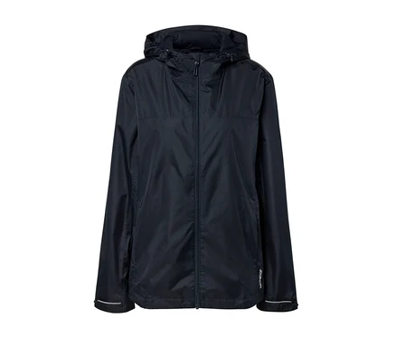 Eine marineblaue Unisex-Regenjacke mit Reißverschluss und Kapuze.