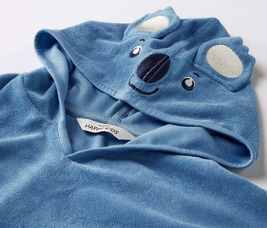 Blauer Kinder-Frottierponcho mit Koala-Applikation auf der Kapuze.