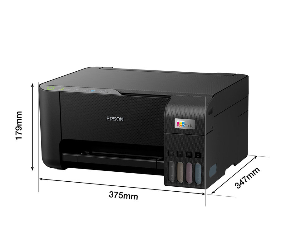 Schwarzer Epson EcoTank ET-2810 3-in-1 Multifunktionsdrucker mit den Maßen 375 mm x 347 mm x 179 mm.