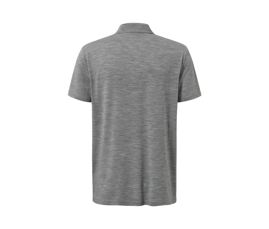 Graues Funktions-Poloshirt mit Merinowolle von hinten.
