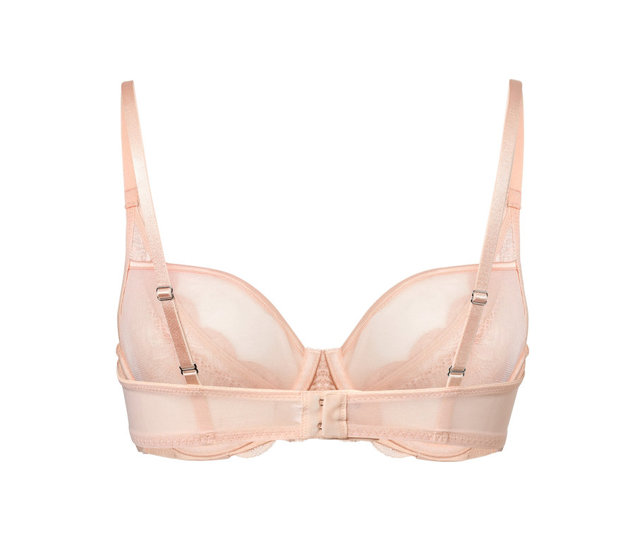 Detailaufnahme eines roséfarbenen Bügel-BHs mit Spitze von hinten.
