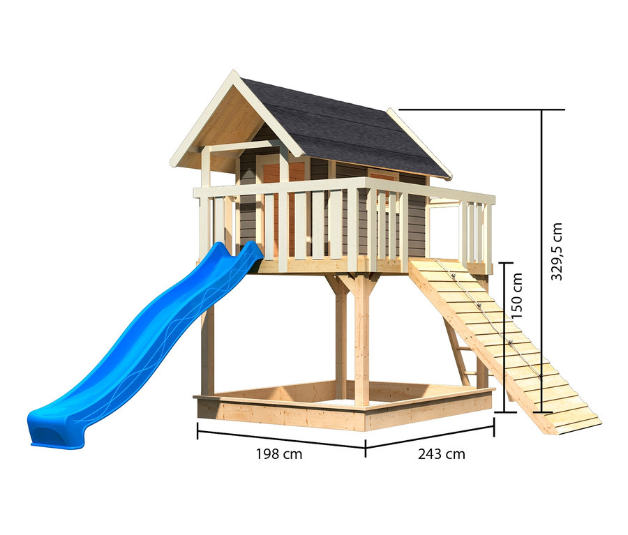 Karibu Stelzenhaus »Fidel« mit Rutsche, Kletterwand und Holzrampe.