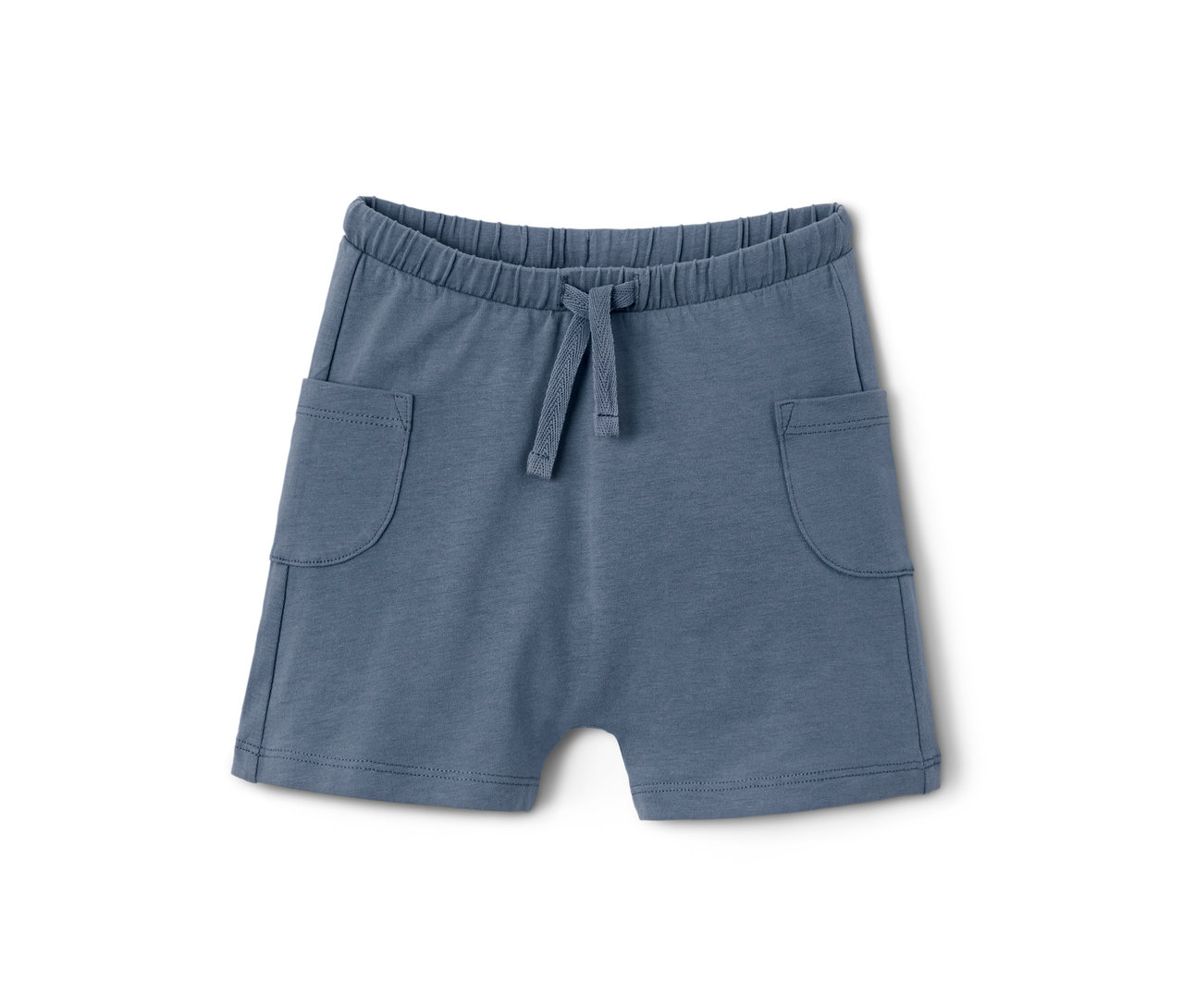 Blaue Baby-Jerseyshorts aus Bio-Baumwolle mit Taschen und Kordelzug.