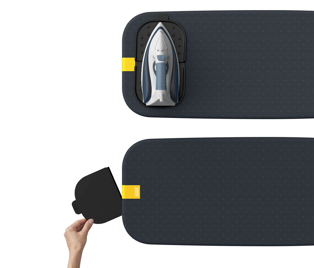 Aufnahme eines Joseph Joseph Bügelbretts »Compact Plus«, wobei eine Hand eine schwarze Abdeckung anhebt und ein blaues Bügeleisen auf der Ablagefläche ruht.