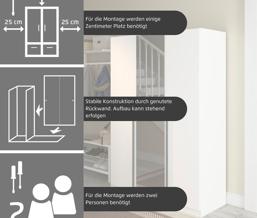 Montageanleitung für einen weißen Schrank mit Illustrationen und Text auf Deutsch.