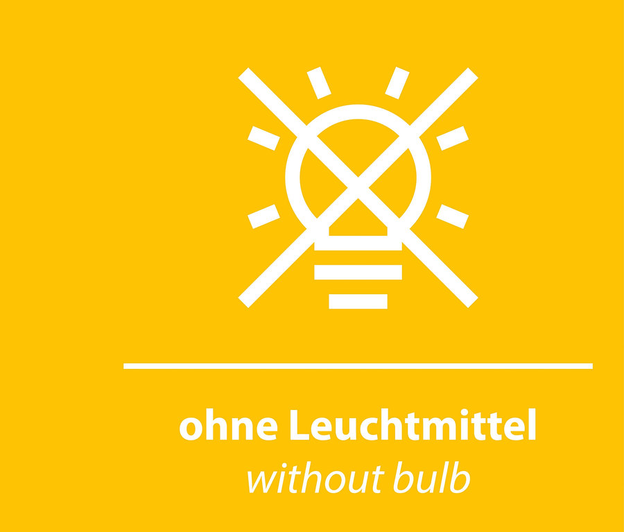 Gelber Hintergrund mit weißem Glühbirnen-Symbol, das mit zwei Linien durchgestrichen ist, und Text "ohne Leuchtmittel".