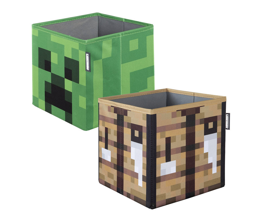 Zwei Minecraft Aufbewahrungsboxen. Eine grüne mit einem Creeper-Gesicht und eine braune.