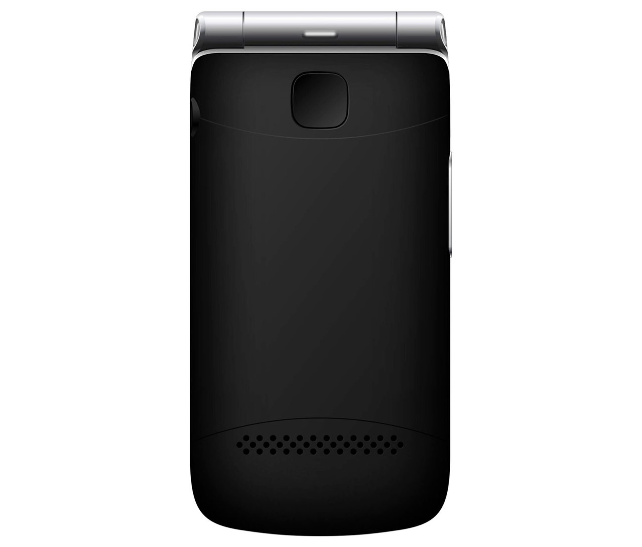 Detailansicht der Rückseite eines schwarzen Telefons. Zu sehen ist das schwarze Bea-fon SL605 LTE.