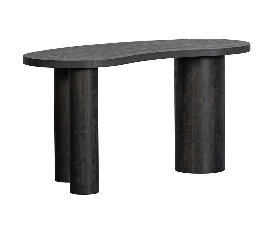 Dunkler Holzschreibtisch »Maan« von Woood mit abgerundeter Tischplatte und zwei zylindrischen Beinen.