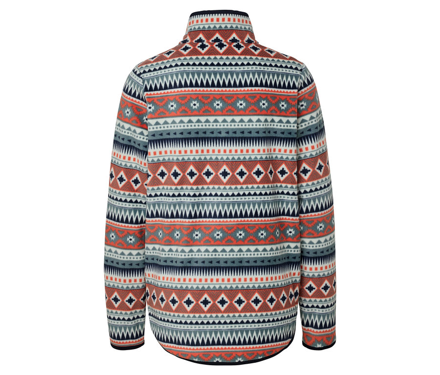 Rückansicht eines Fleece-Pullovers mit Muster in Weiß-, Blau- und Orangetönen.