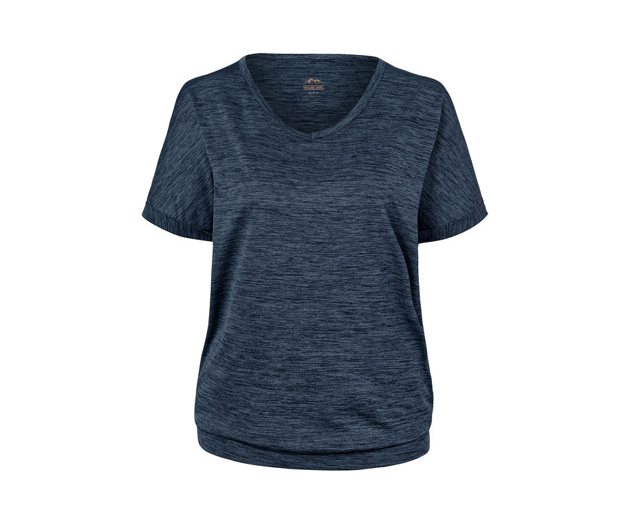 Dunkelblau meliertes Funktionsshirt mit kurzen Ärmeln und V-Ausschnitt.