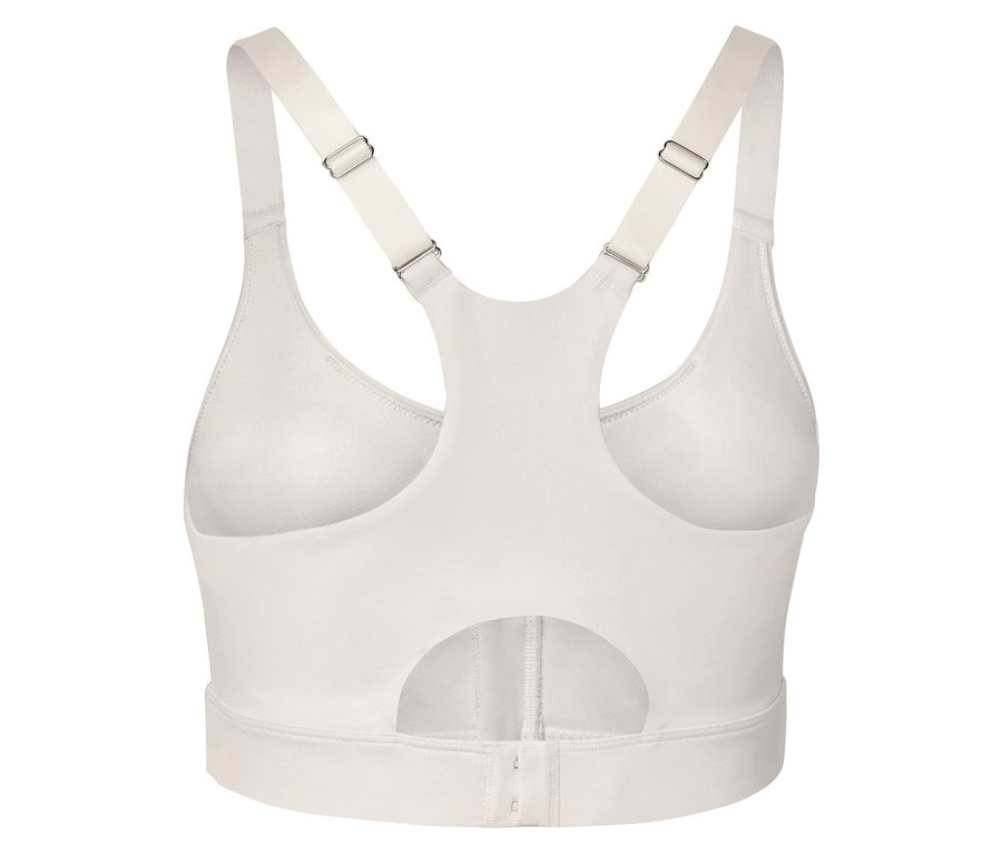 Rückansicht eines beigen Sport-BHs mit verstellbaren Trägern.
