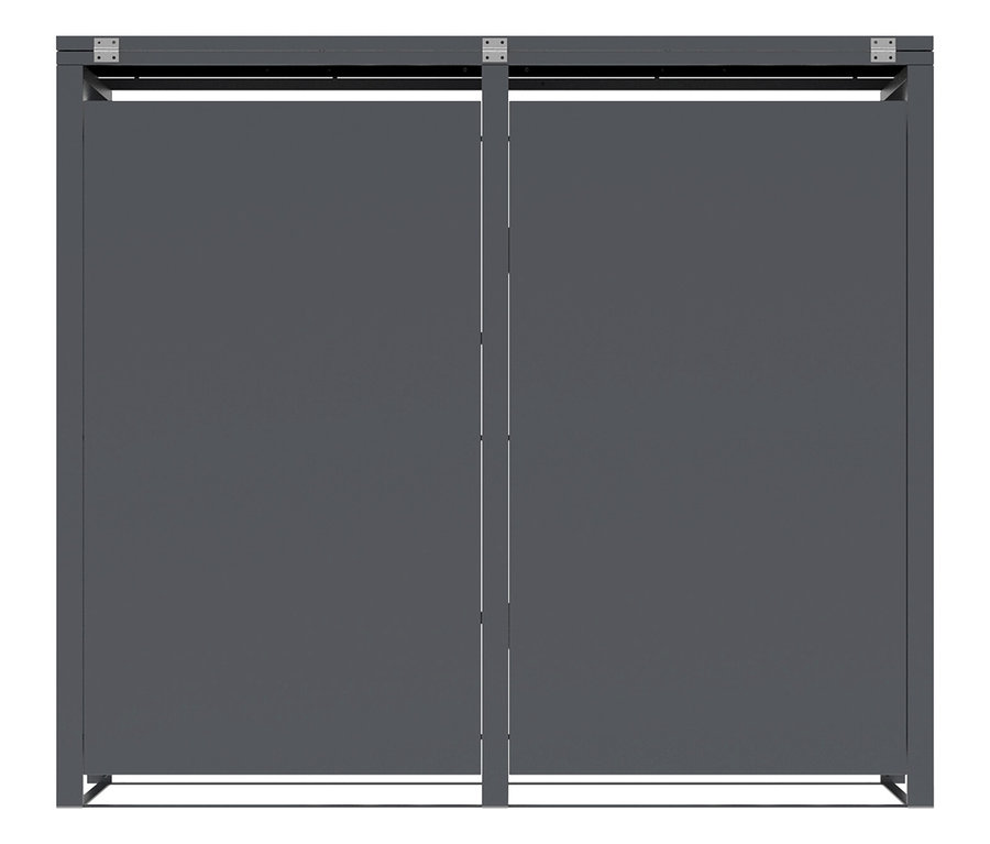 Zwei graue Schiebetüren in einem Metallrahmen.