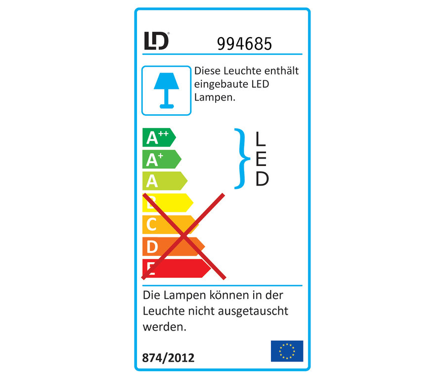 Energielabel von A++ bis E, wobei C bis E durchgestrichen sind. Es wird angegeben, dass die Leuchte eingebaute LED-Lampen enthält, die nicht ausgetauscht werden können.