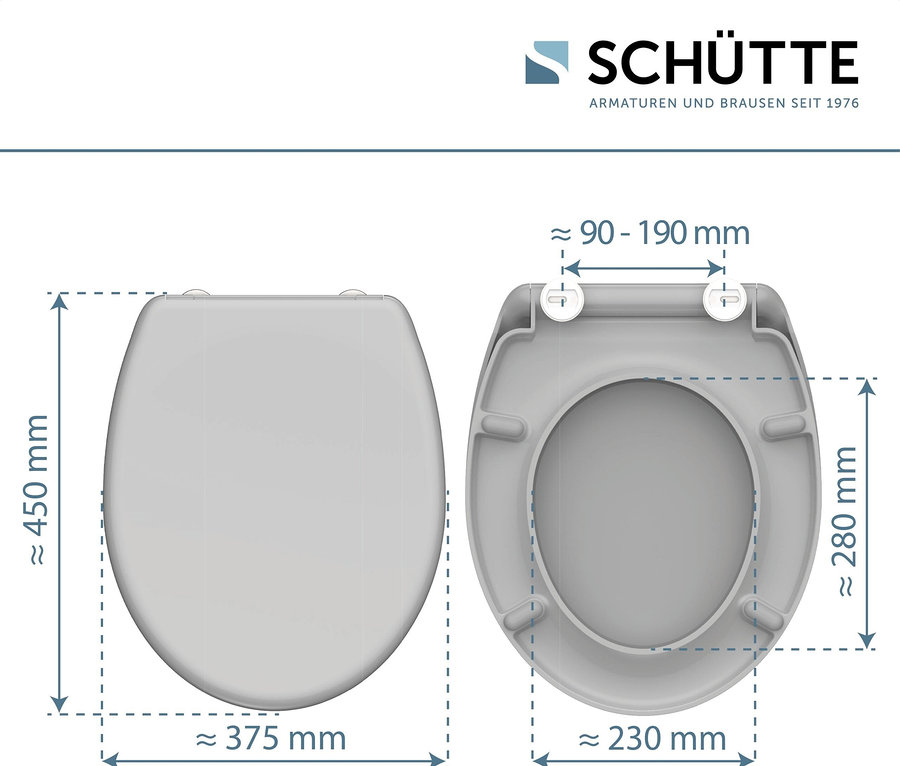 Eine Skizze von einem Schütte WC-Sitz mit Abmessungen.