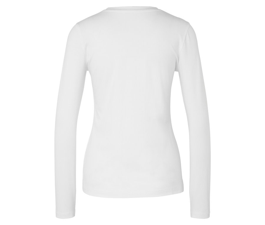 Weißes Damenoberteil mit langen Ärmeln, Rückansicht.