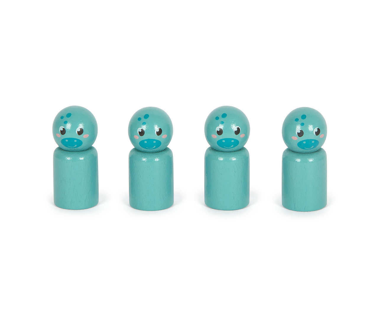 Vier blaue Holzfiguren Dinos stehen in einer Reihe. small foot Spiele-Set »Dino«